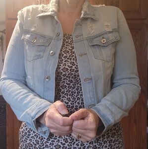 Light Blue Distressed Cropped Denim Jacket